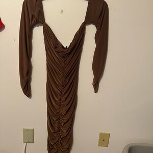 Sabora Brown Ruched Bodycon Dress Square Neck Long Sleeve